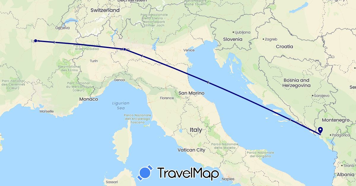 TravelMap itinerary: driving in France, Italy, Montenegro (Europe)
